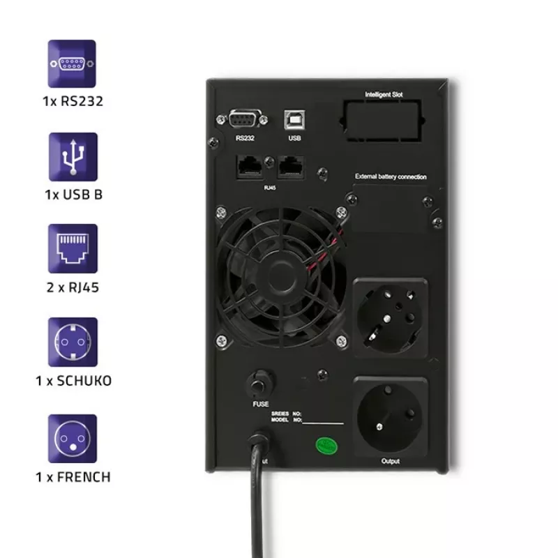 Qoltec 53042 zasilacz awaryjny (UPS) Online (podwójna konwersja) 1 kVA 800 W 2 gniazda wyjściowe AC