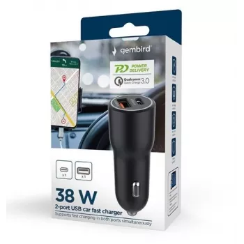 Ładowarka samochodowa do urządzeń mobilnych Gembird TA-UC-AC2PDQC38-CAR-01, USB-C, 38 W, 12–24 V, czarna