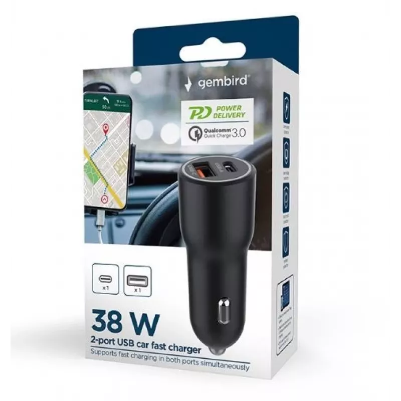 Ładowarka samochodowa do urządzeń mobilnych Gembird TA-UC-AC2PDQC38-CAR-01, USB-C, 38 W, 12–24 V, czarna