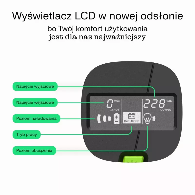 Zasilacz awaryjny UPS Line-Interactive 2 kVA 1200 W, zielony Cell, 4 gniazda AC, USB, 12 V 9 Ah VRLA (tower)