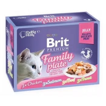 Mokra karma dla kota Brit Premium Family Plate Fillets in Jelly — Mieszane smaki, 12 x 85 g saszetka