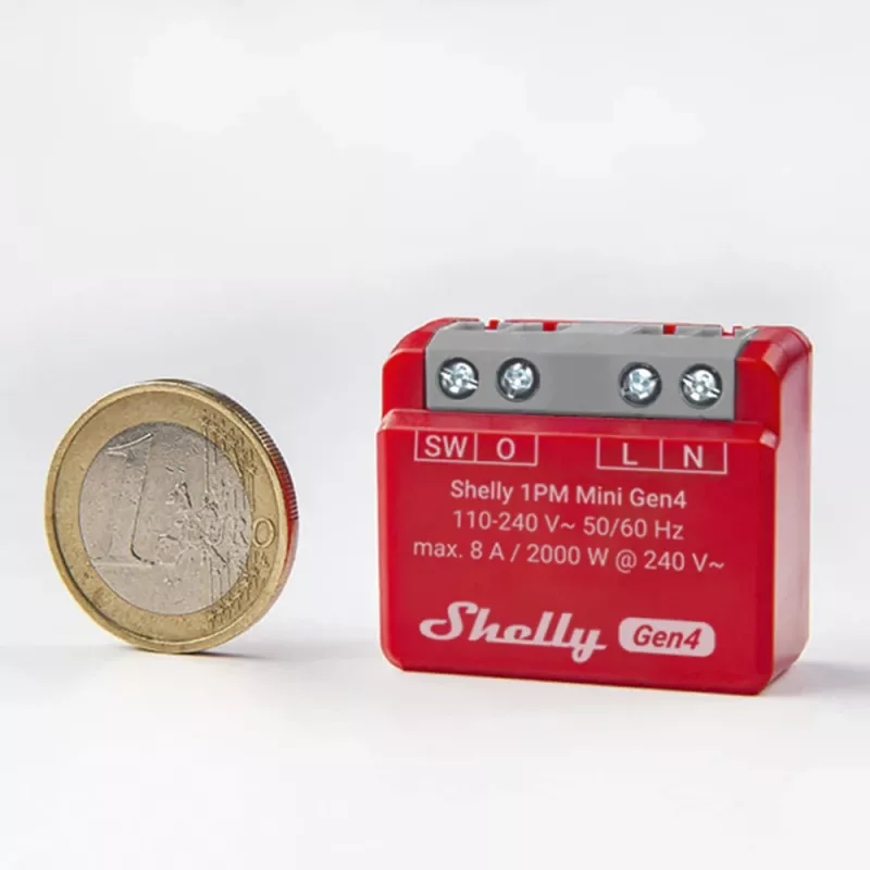 Inteligentny przełącznik Shelly 1PM Mini Gen4, bezprzewodowy 110–240 V AC, maks. 8 A / 2000 W, obudowa z tworzywa sztucznego 34×16×29 mm