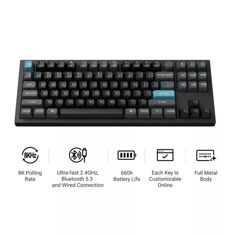 Mechaniczna klawiatura 80% QWERTY Keychron Q3 Ultra 8K — Bluetooth i przewodowa, podświetlenie RGB, czarna