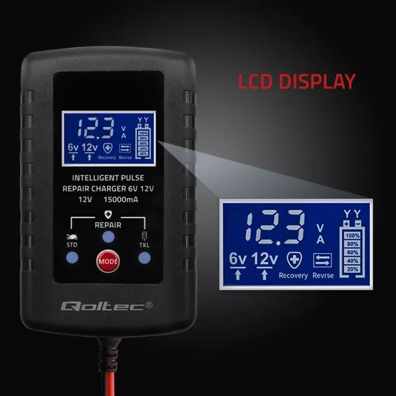 Ładowarka do akumulatorów QOLTEC 52426 do akumulatorów AGM/ŻELOWYCH/STANDARD 6V/12V 2A z wyświetlaczem LED