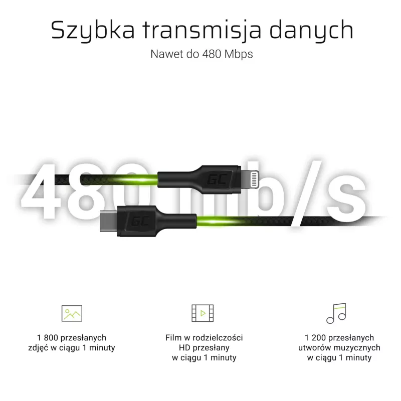 Kabel Lightning na USB‑C zielony Cell KABGC07, 1 m, czarny, Lightning (męski) na USB‑C (męski), 480 Mbps