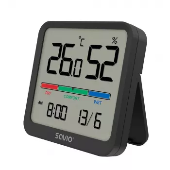 Wewnętrzny czujnik temperatury i wilgotności SAVIO CT-01/B wolnostojący, LCD, -10–55°C, 10–99% RH, CR2032