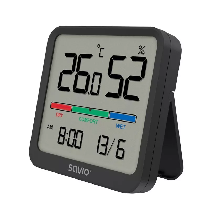 Wewnętrzny czujnik temperatury i wilgotności SAVIO CT-01/B wolnostojący, LCD, -10–55°C, 10–99% RH, CR2032