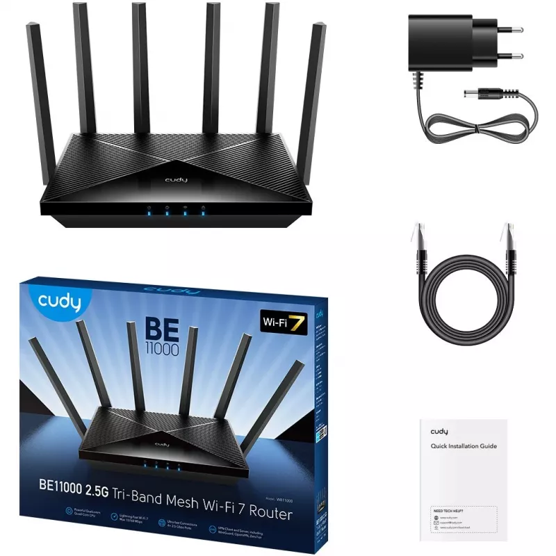 Router stołowy Cudy WR11000 — Trójpasmowy 2,4/5/6 GHz, Wi‑Fi 7, 4× LAN 2,5 Gigabit, 5765 Mb/s na paśmie 6 GHz, 512 MB RAM