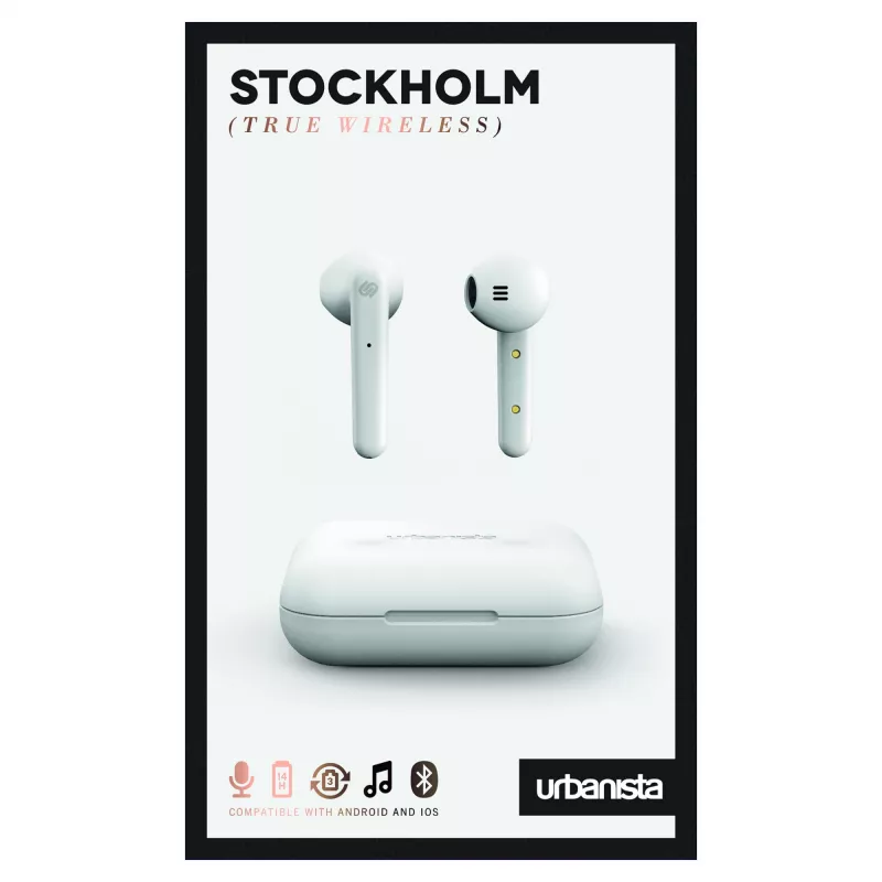 Zestaw słuchawkowy URBANISTA Stockholm — Bezprzewodowe słuchawki douszne Bluetooth do połączeń i muzyki, zasięg 10 m, białe