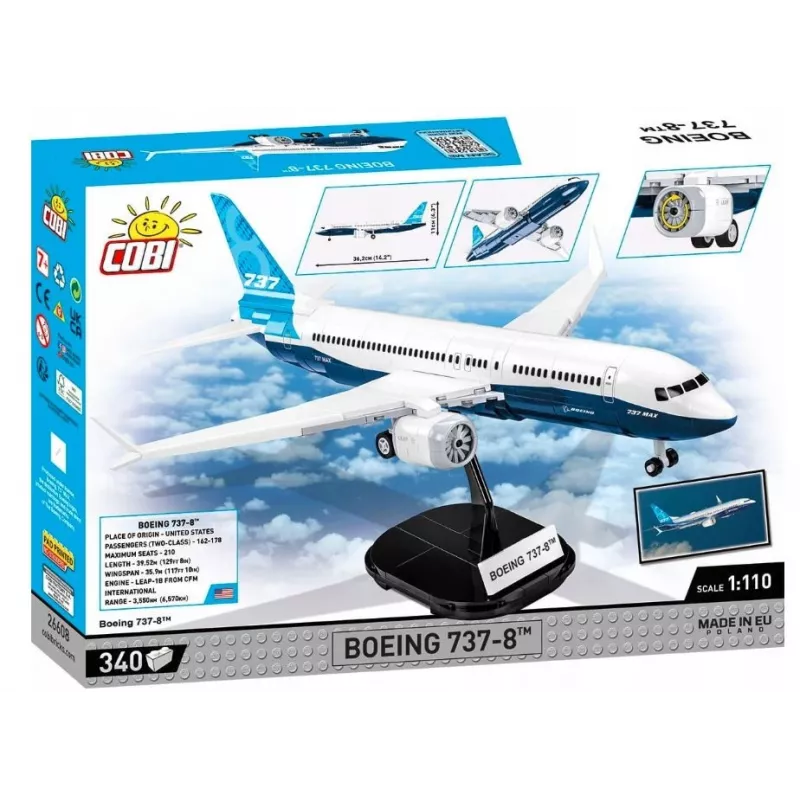 Zestaw konstrukcyjny Cobi Boeing 737-8 — 340 elementów, zalecany wiek 7+, niebieski i biały