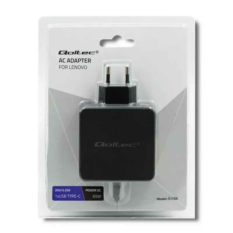 Zasilacz QOLTEC 51766 65W AC-to-DC 20V 3.25A do IBM/Lenovo, czarny, kabel 1,75m