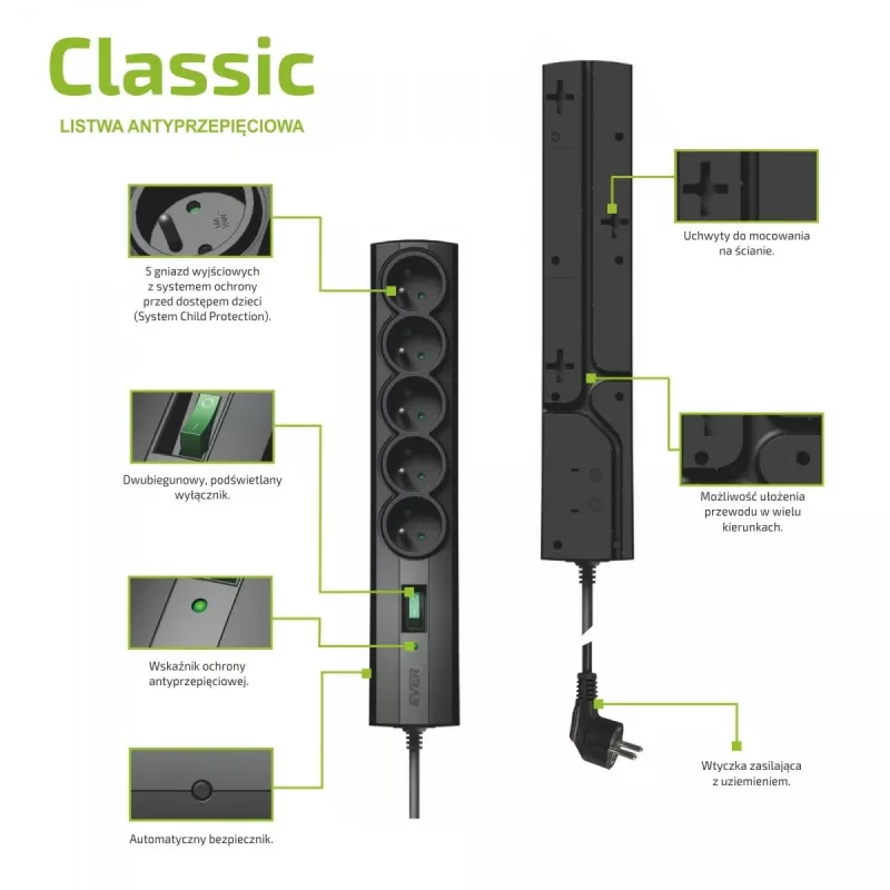Listwa zasilająca z ochroną przeciwprzepięciową EVER CLASSIC 5x gniazda typu E, 250 V, kabel 1,5 m, 175 J, z przełącznikiem