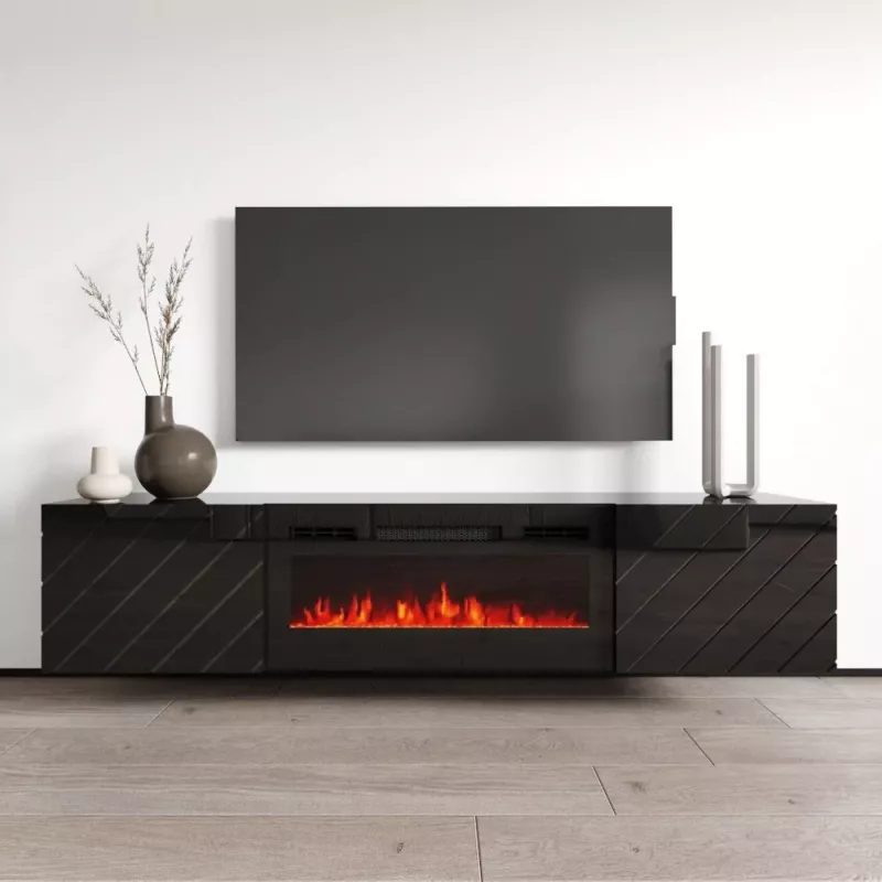 Szafka pod TV cama meble LUXE 301126 z wbudowanym kominkiem elektrycznym, 182,6×34,5×37,5 cm, czarny połysk