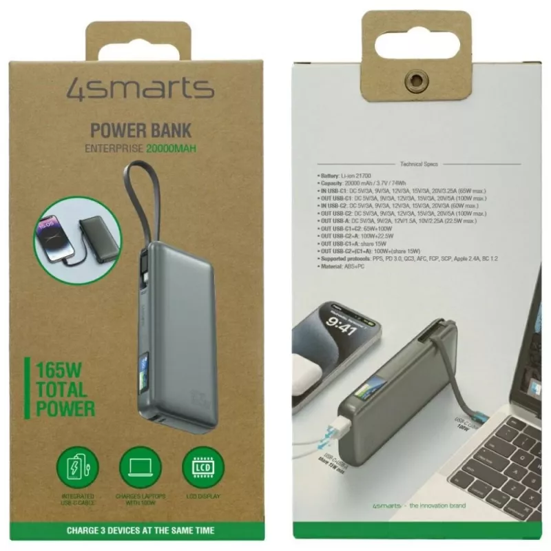 Powerbank 4smarts 541603 — Li‑Ion 20000 mAh, USB‑C + USB‑A, 165 W mocy całkowitej, 5 A, szary