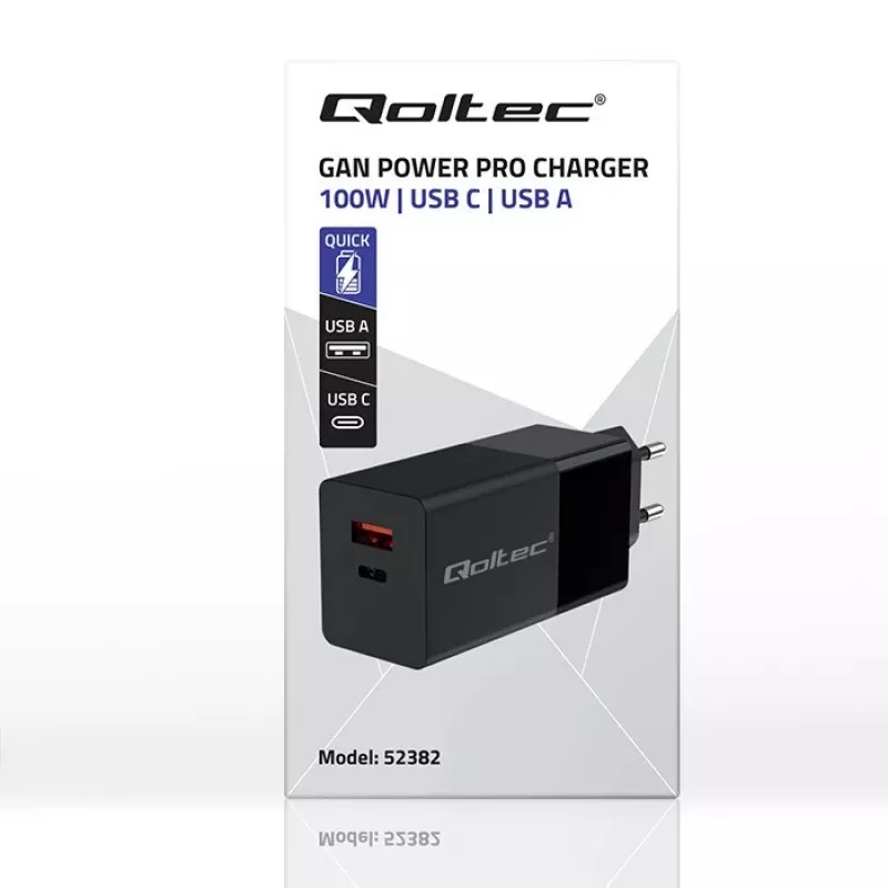 Qoltec 52382 GaN POWER PRO ładowarka | 1xUSB typu C | 1xUSB A | 100W | 5-20V | 1.5-5A | PD | Czarny