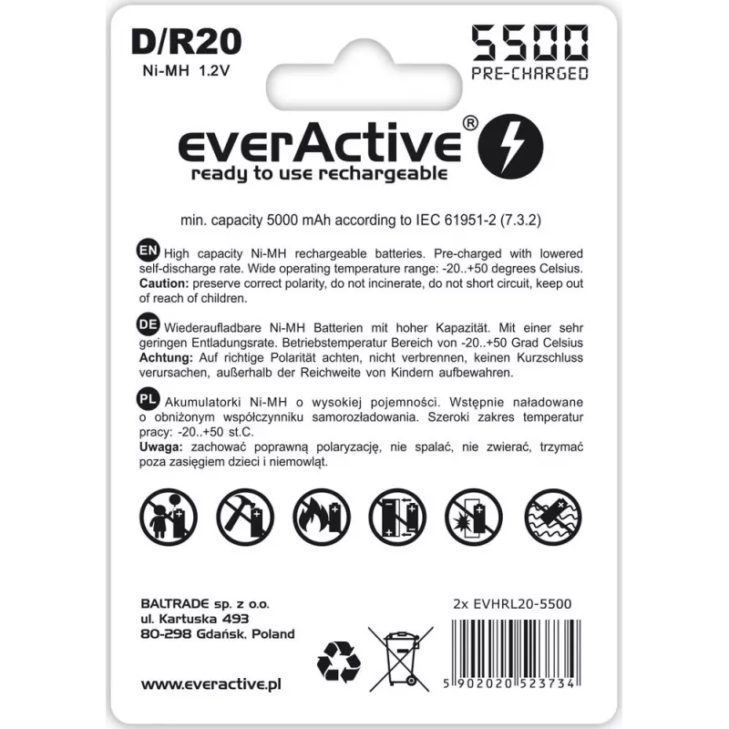 Akumulator everActive EVHRL20-5500 D NiMH 1,2 V 5500 mAh, opakowanie 2 szt.