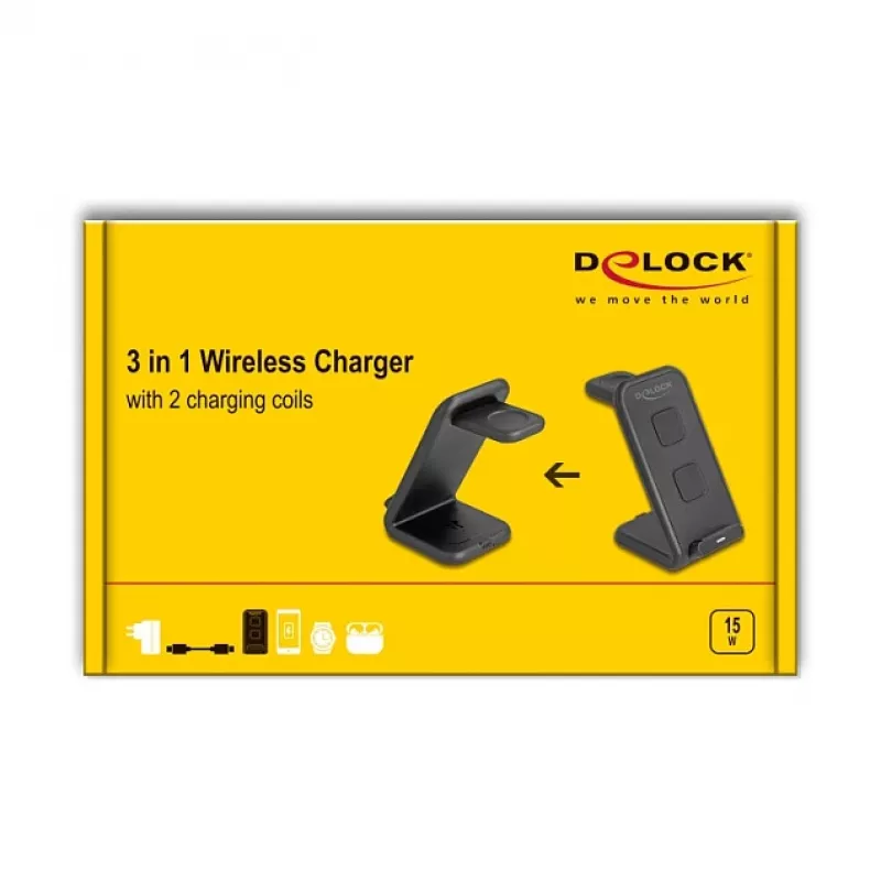 DELOCK 66941 Ładowarka bezprzewodowa 3-w-1 do smartfona, smartwatcha i słuchawek USB Type-C 15 W wewnętrzna czarna