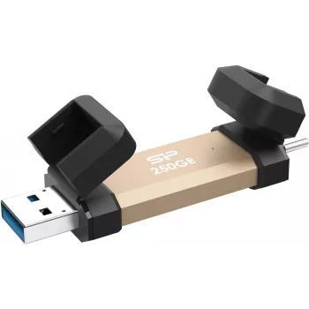 Pamięć USB Silicon Power DS72 250 GB, USB 3.2 Gen 2 Type-A / Type-C, aluminium/gumowa nasadka, złoty