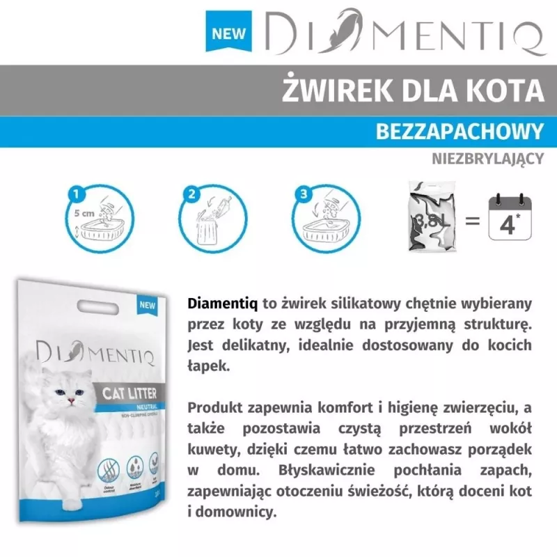Żwirek dla kota DIAMENTIQ Neutral zbrylający granulki silikonowe 30 L — bezzapachowy, 1–6 mm