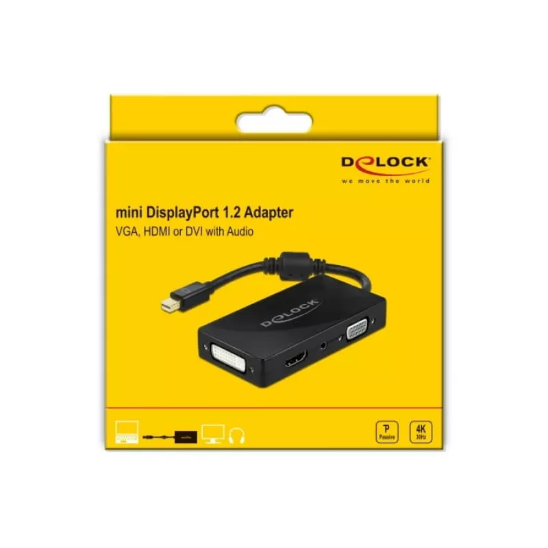Adapter DeLOCK Mini DisplayPort 1.2 na VGA HDMI DVI Audio 4K Pasywny Czarny