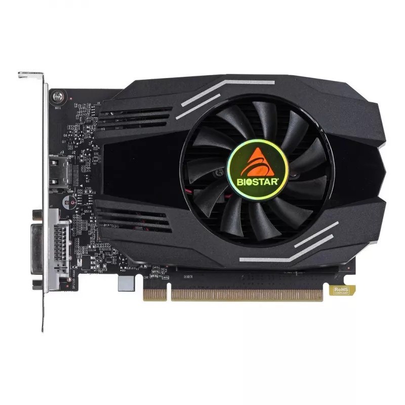 Karta graficzna BIOSTAR GeForce GT 1030 — 4 GB GDDR4, 64-bitowa, PCIe x16 4.0, aktywne chłodzenie, DVI-D + HDMI