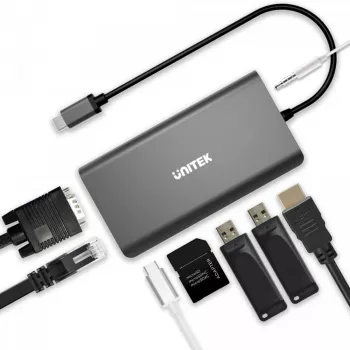 UNITEK uHUB O8+ Przewodowy USB 3.2 Gen 1 Type-C Szary 100W Power Delivery