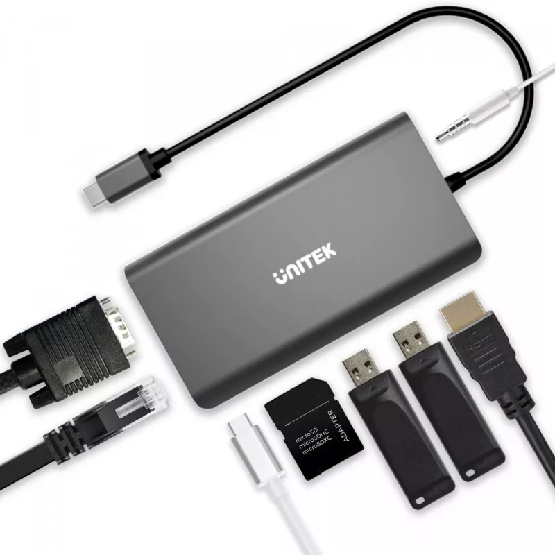 UNITEK uHUB O8+ Przewodowy USB 3.2 Gen 1 Type-C Szary 100W Power Delivery