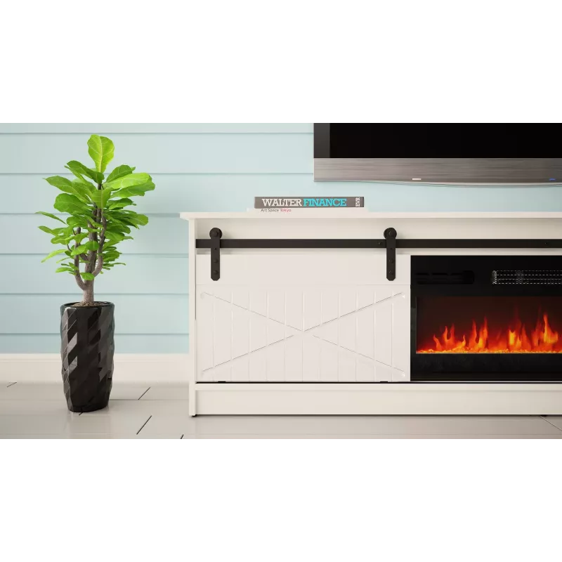 Szafka RTV z kominkiem elektrycznym Cama Meble model GRANERO RTV GRANERO + KOM B/B, 200x56,7x35 cm, biały/biały połysk, 2 drzwi, 2 półki, MDF/płyta wiórowa