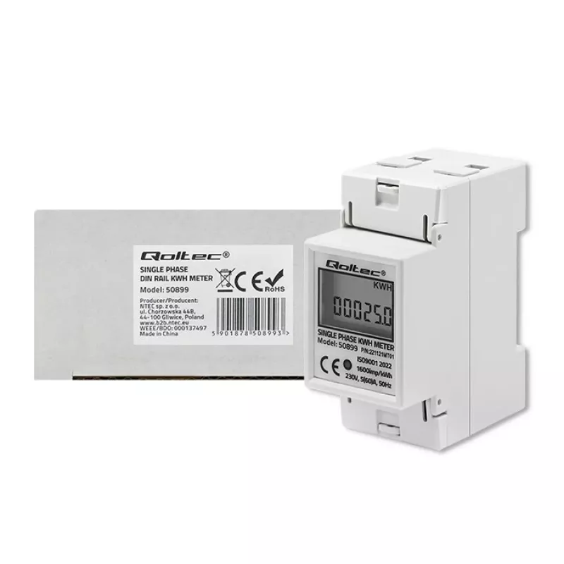 Jednofazowy licznik zużycia energii QOLTEC 50899 230 V 50 Hz, 5(60)A, Klasa 1.0, Wyświetlacz