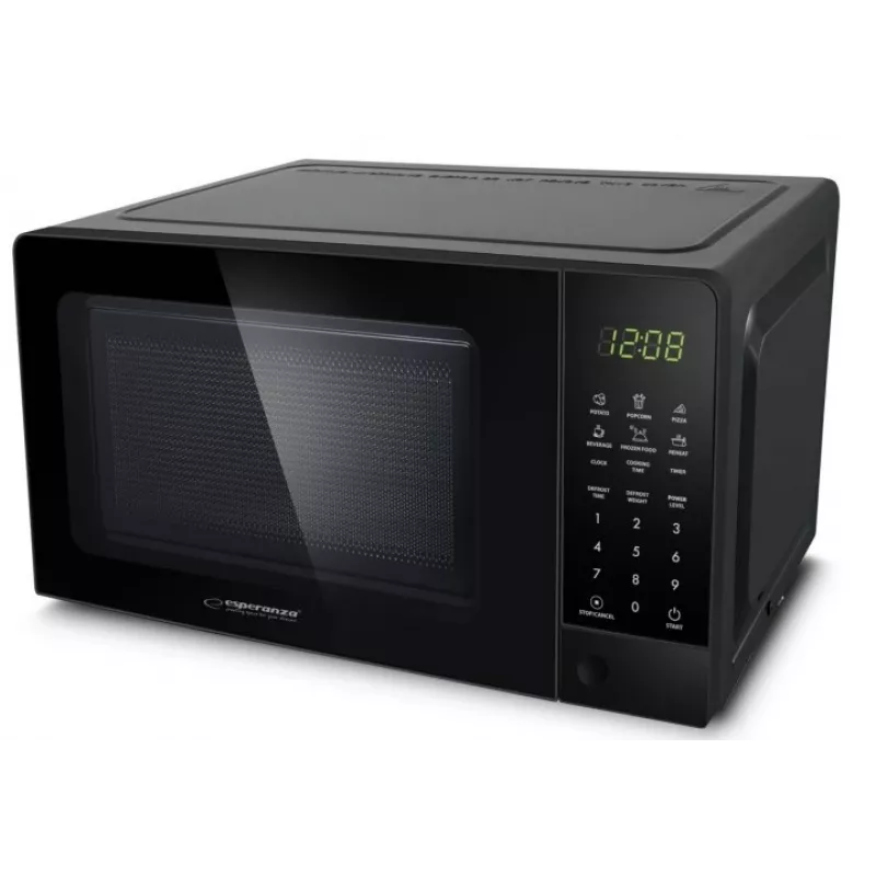 Kuchenka mikrofalowa solowa ESPERANZA EKO009 — 700 W, 20 L, wyświetlacz LED, sterowanie dotykowe, szklany talerz obrotowy 24,5 cm, czarna
