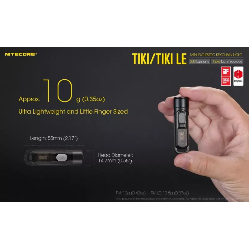LATARKA RĘCZNA Nitecore TIKI LE — 300 lm, ładowanie przez USB, poliwęglan, IP66, odporna na wstrząsy, 10,5 g, 55 mm, czarna