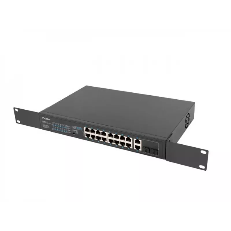 Przełącznik niezarządzalny LANBERG RSFE-16P-2C-150 — 18-portowy Gigabit, 16 PoE+/2 SFP, 150 W, 1U, metal, czarny