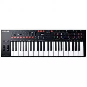 Kontroler klawiaturowy MIDI M-Audio Oxygen Pro 49 — 49 klawiszy, 16 padów, 9 suwaków, wyświetlacz OLED, USB, wyjście MIDI