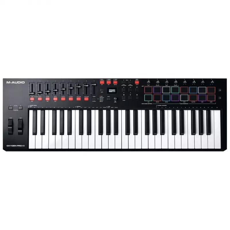Kontroler klawiaturowy MIDI M-Audio Oxygen Pro 49 — 49 klawiszy, 16 padów, 9 suwaków, wyświetlacz OLED, USB, wyjście MIDI