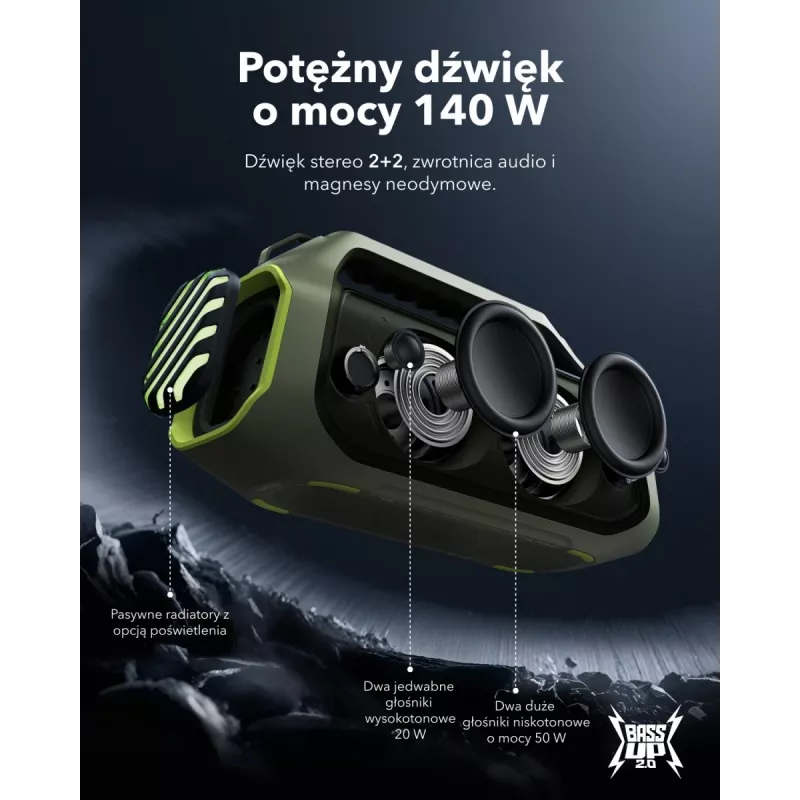 Boom 2 Plus | Potężny basowy głośnik Bluetooth na zewnątrz, kolor Adventure Green
