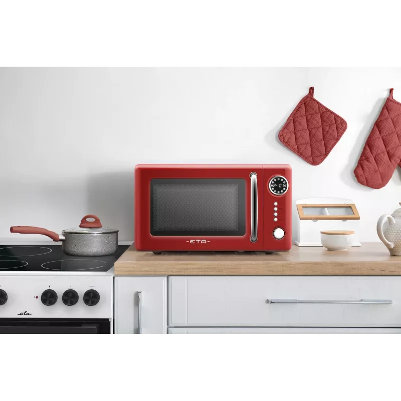 Solo kuchenka mikrofalowa ETA Storio czerwony Solo — 20 l, 700 W, 5 poziomów mocy, talerz obrotowy 245 mm