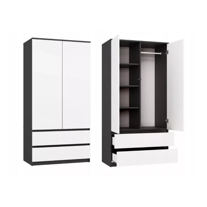 Szafa top e shop MALWA SS-90, 90×180×50 cm, rama antracytowa, białe drzwi uchylne, 2 szuflady, laminat 16 mm