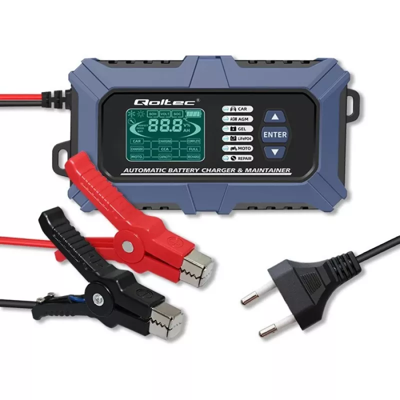 Inteligentna ładowarka akumulatorów Qoltec z mikroprocesorem, testerem akumulatorów i funkcją regeneracji 12V | 6A | LCD | Ładowarka do akumulatorów AGM LiFePO4 GEL
