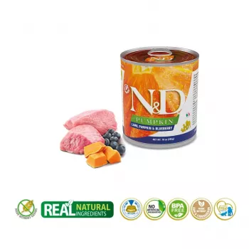 Mokra karma dla psa Farmina N&D Lamb Pumpkin Blueberry Adult 285 g puszka, pełnoporcjowa karma dla dorosłych psów, 75% wilgotności, 11% białka, 7% tłuszczu