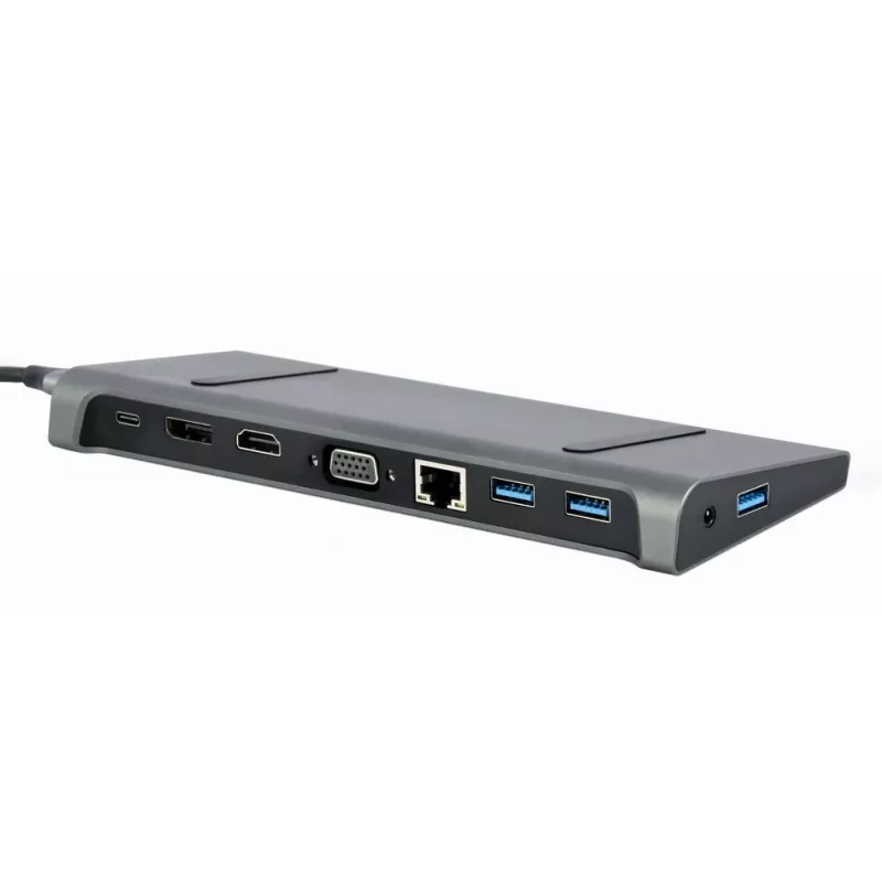 Stacja dokująca do laptopa Gembird A-CM-COMBO9-02 USB 3.2 Gen 1 Type-C, HDMI, VGA, 3×USB-A, Gigabit Ethernet, 87 W PD, szara