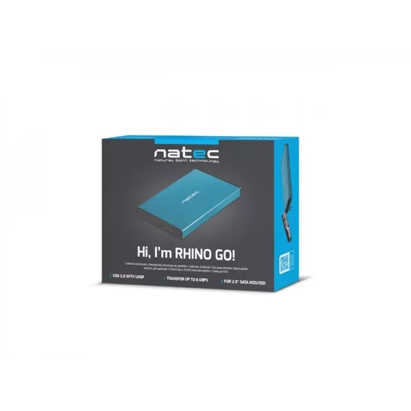 Zewnętrzna obudowa HDD/SSD NATEC Rhino GO 2,5 cala — USB 3.0, SATA III, do 4 TB, 9,5 mm, aluminium, niebieska