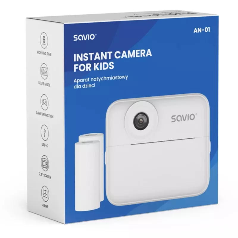 Aparat natychmiastowego druku SAVIO AN-01 dla dzieci, biały, 2,4-calowy LCD, MicroSDHC do 32 GB, USB-C, bateria 1200 mAh, bez wbudowanej lampy błyskowej