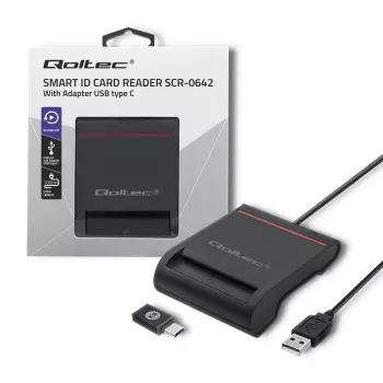 Czytnik kart ID QOLTEC Smart chip — USB, czarny, 84,5×65×16 mm, 63 g