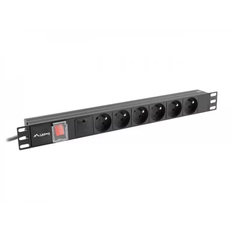 Jednostka dystrybucji zasilania LANBERG PDU-06E-0200-BK — 6 gniazd typu E, 16 A, kabel 2 m, 1U do szafy rack, 220–250 V