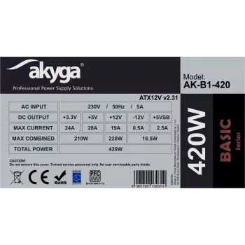 Zasilacz ATX Akyga Basic AK-B1-420 420 W, wentylator 120 mm, pasywne PFC, szary