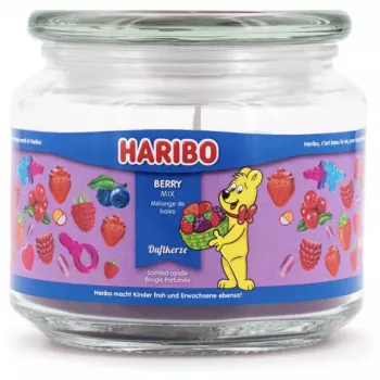 Świeca woskowa Haribo A2168 Okrągła jeżyna-malina-truskawka, różowa, 100 mm × 100 mm, 300 g, szklany świecznik