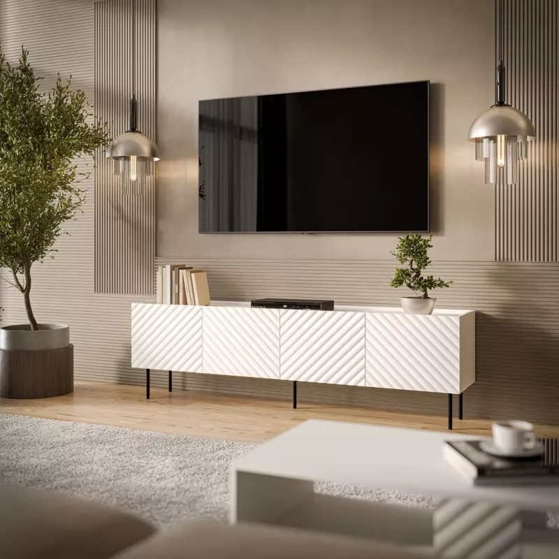 Szafka RTV cama meble LUCCA 4D, 2000×400×590 mm, biała, blat z płyty wiórowej