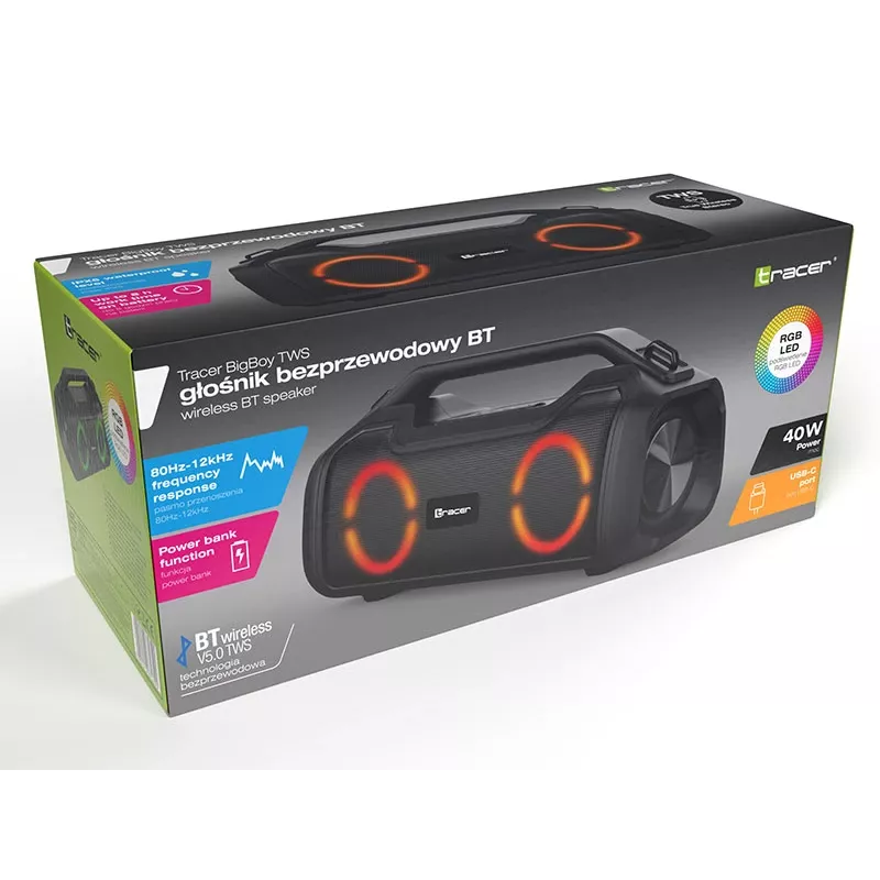 Przenośny głośnik stereo TRACER BigBoy TWS Bluetooth 40W RMS, czarny