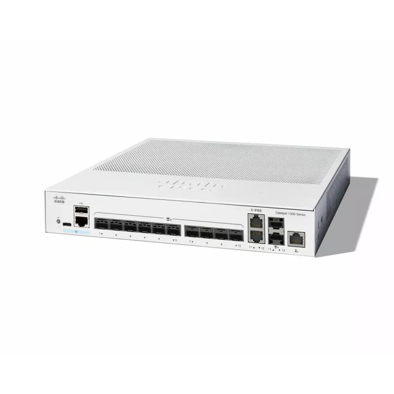 Przełącznik sieciowy Cisco Catalyst C1300-12XS zarządzalny L2/L3, 12 x 10Gb SFP+, 240 Gbit/s, 16k MAC, do montażu w szafie rack, szary