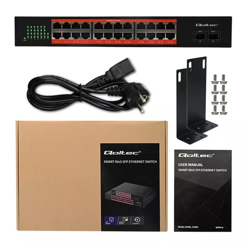 Przełącznik sieciowy QOLTEC Gigabit Ethernet PoE 24xRJ45 2xSFP